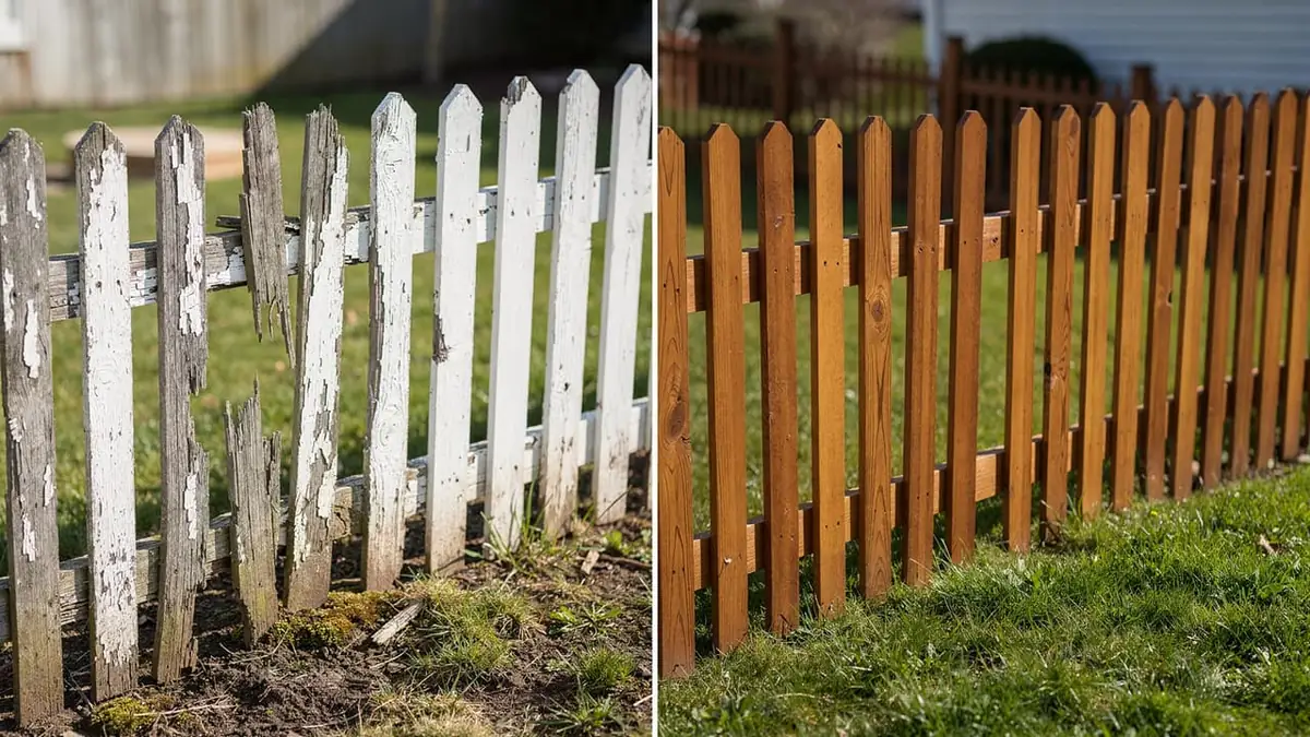 Side-by-side comparison of a damaged, weathered white wooden fence on the left and a new, well-maintained wooden fence on the right.